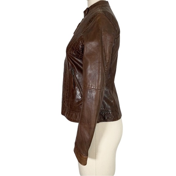 Burns 1876 Leather Embossed Zip Up Jacket Brown Size Small - Picture 3 of 11